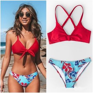 Red And Floral Print Low Rise Bikini